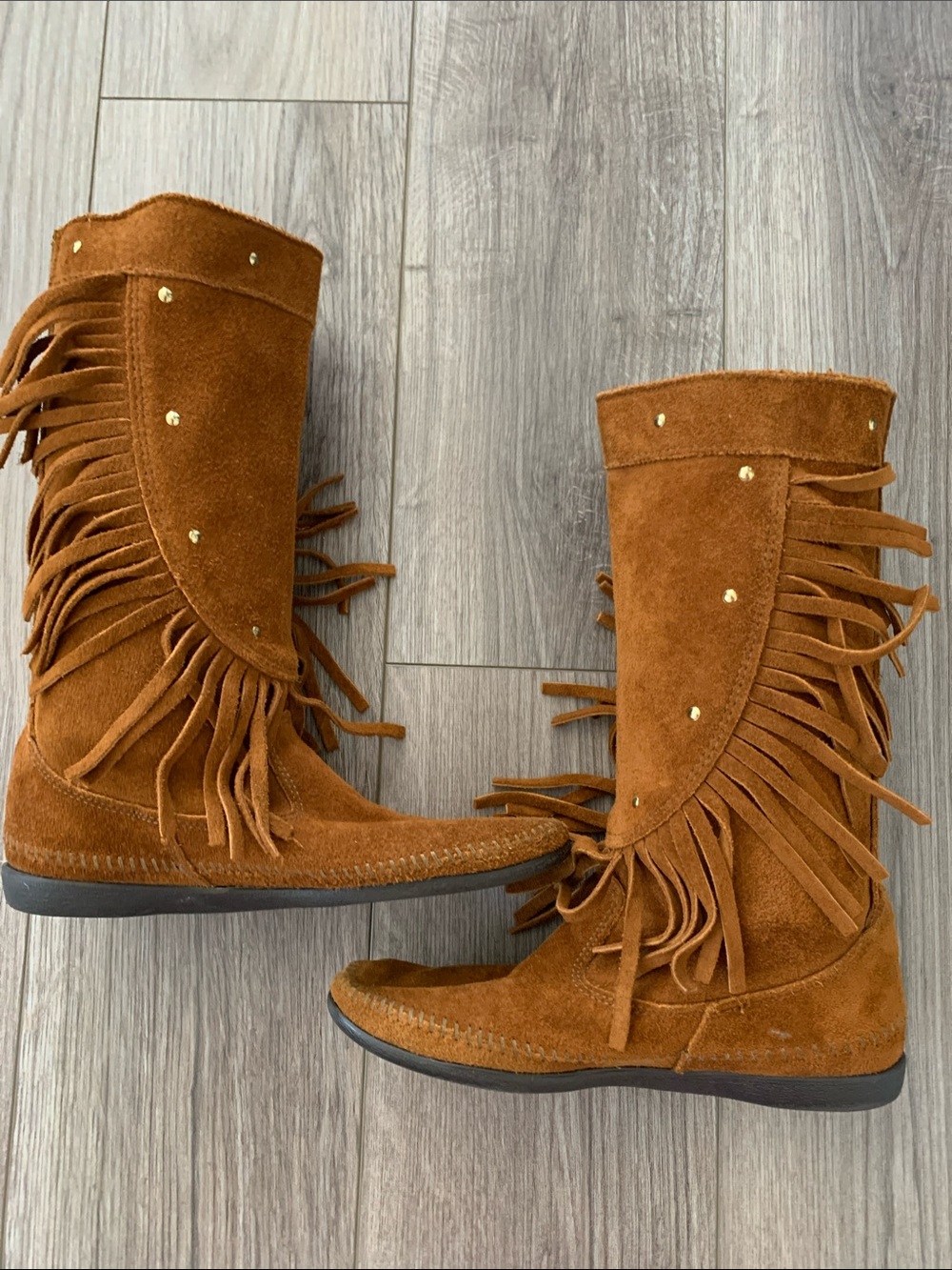 Minnetonka Suede Fringe Moccasin Boots - Brown